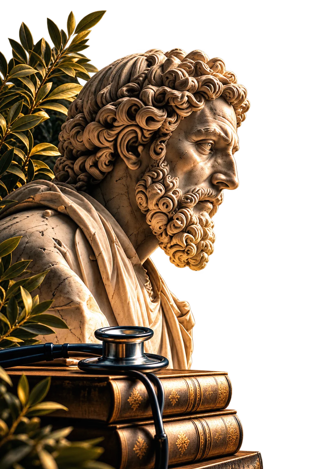 Busto clássico ao lado de livros antigos e um estetoscópio