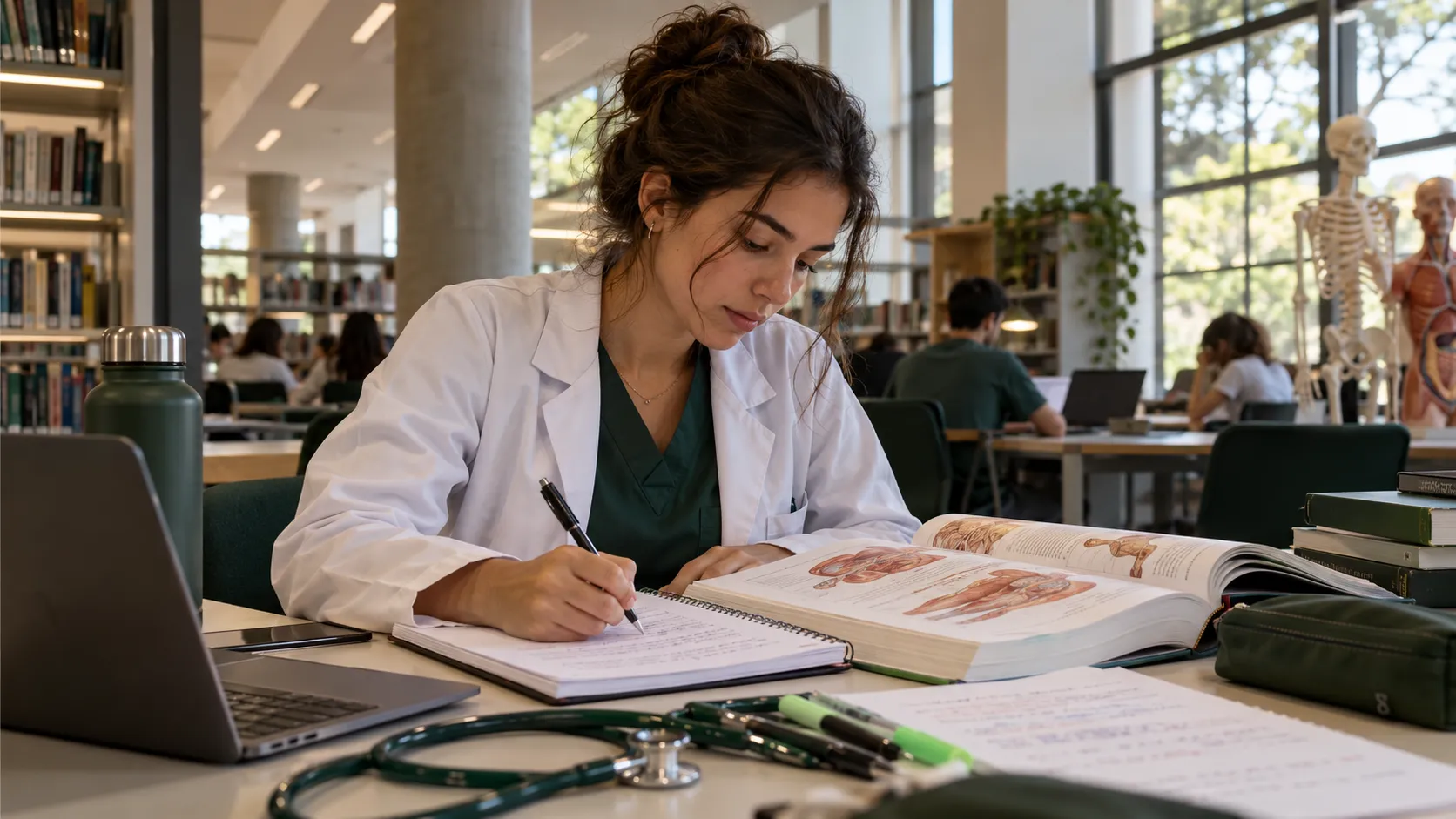 Estudante de medicina fazendo anotações em uma biblioteca