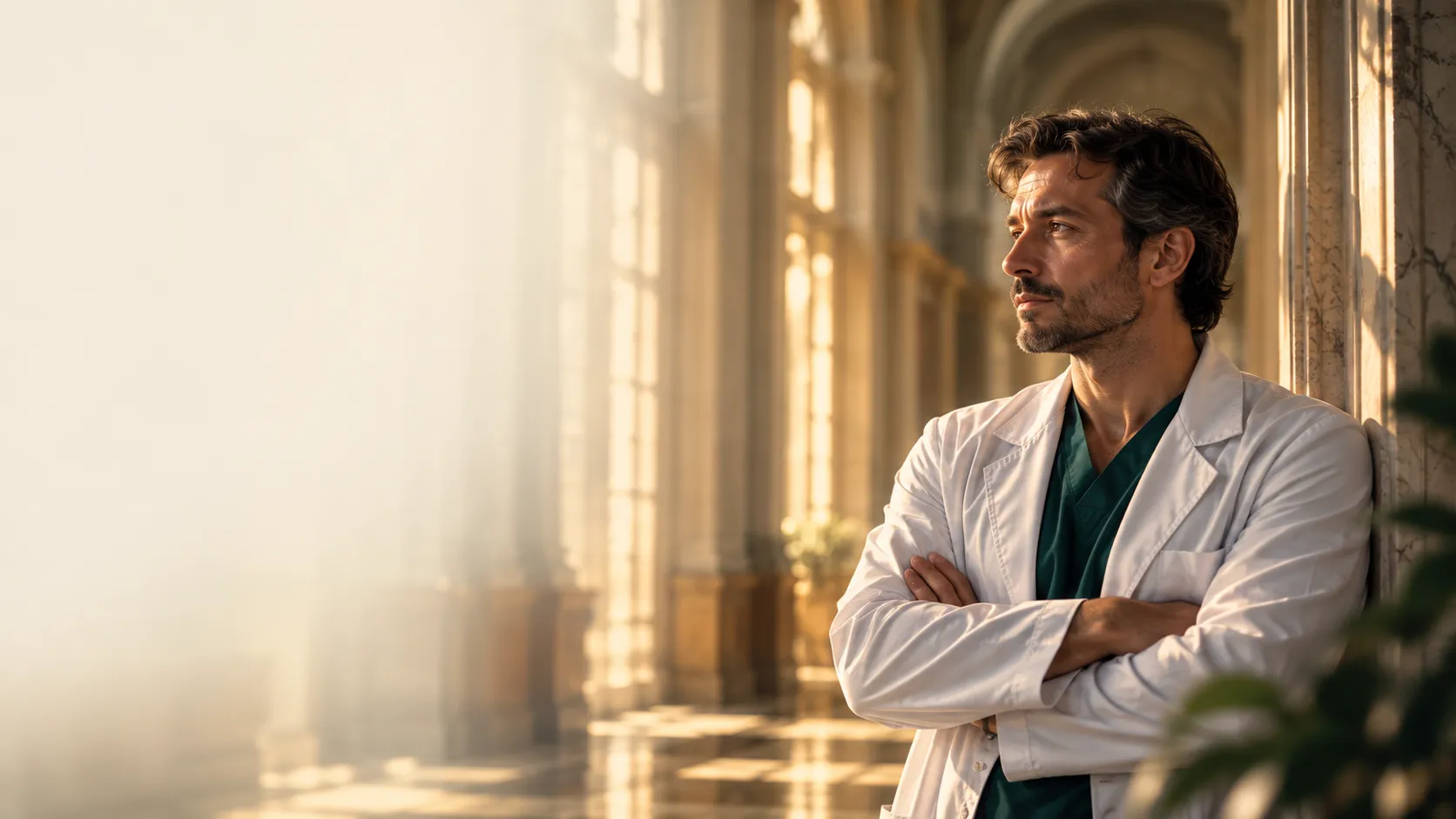 Médico de jaleco, de braços cruzados, olhando pensativo pela janela de um corredor iluminado pelo fim de tarde