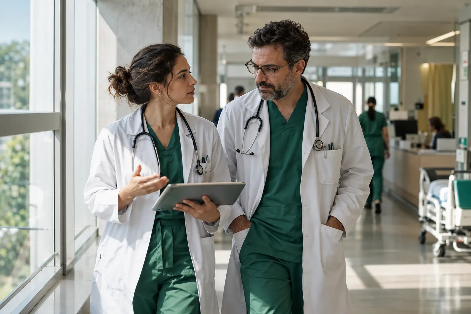 Dois residentes conversando no corredor do hospital