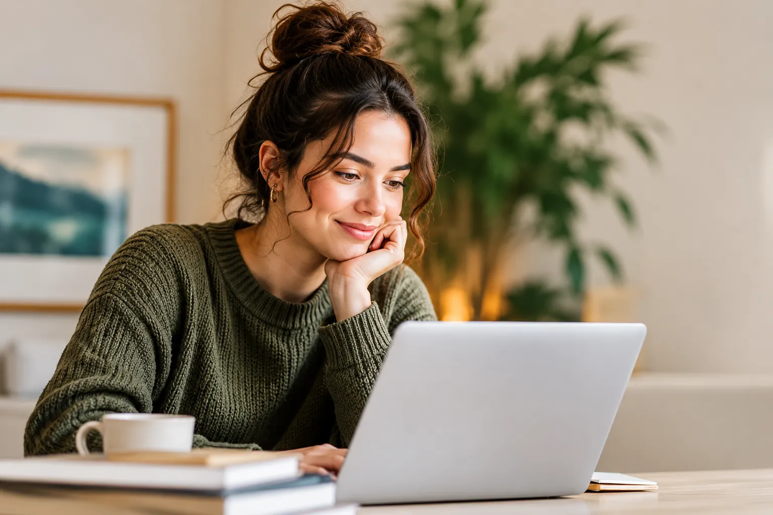 Estudante sorrindo enquanto assiste a uma aula no notebook