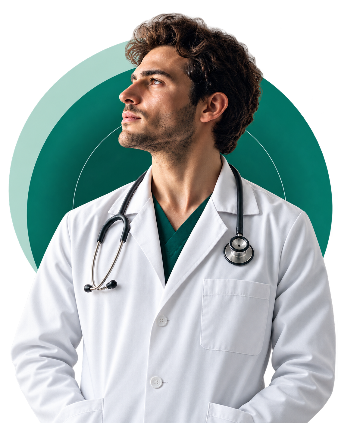 Médico jovem de jaleco e estetoscópio, olhando para cima